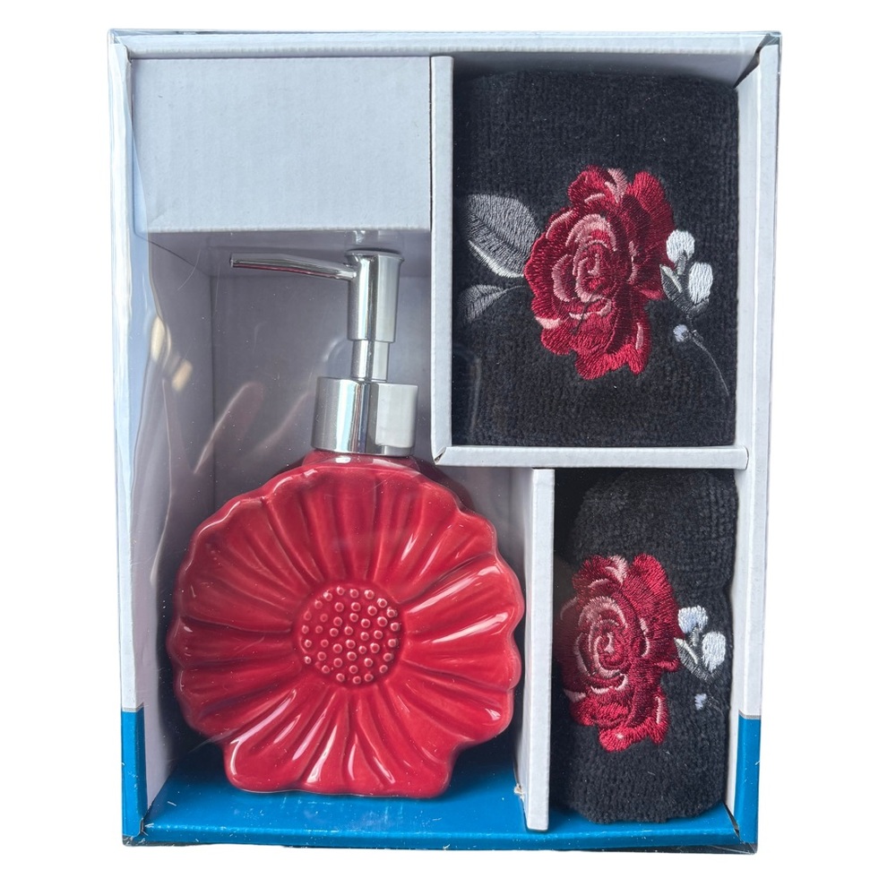 Red and Black Bath Accessories Set with Floral Design